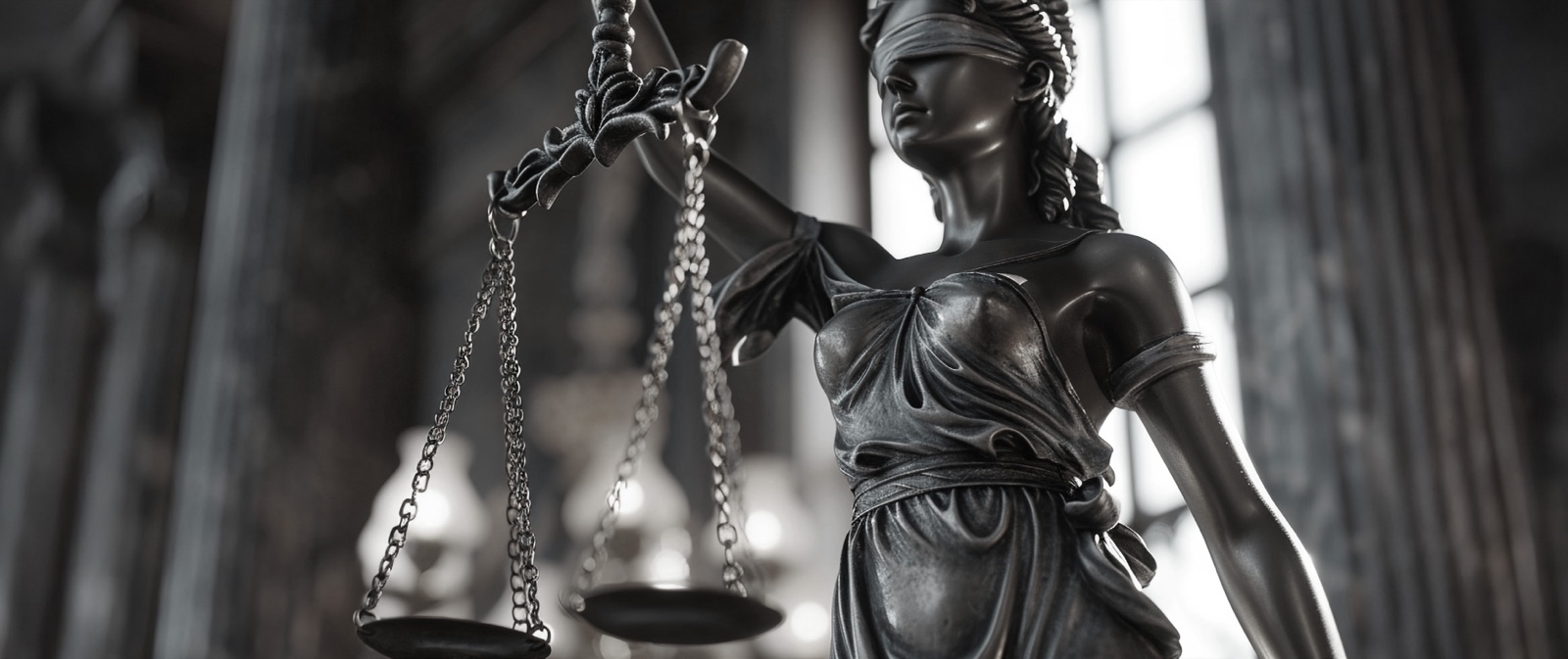 Estátua da Justiça com a balança em primeiro plano